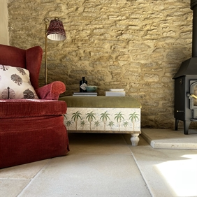 Palm Tree and Green Linen Footstool